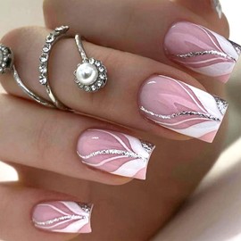 Medium Press on Nails Square Fake Nails with Silver Glitter White Lines Design Nails Press ons Pink Full Cover False Nails Winter Acrylic Nails Glossy Glue on Nails for Girls 24Pcs