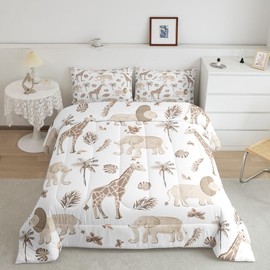 Feelyou Jungle Animals Queen Size Comforter Set - African Safari Elephant Lion Giraffe Bedding for Kids Boys Girls - Hunter Brown Rust Wildlife Down