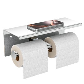 FORIOUS Double Toilet Paper Holder with Shelf, Wall Mount Tissue Roll Holder for Bathroom, 304 Stainless Steel Commercial Toilet Tissue Dispensers with Phone Shelf (1, Chrome)