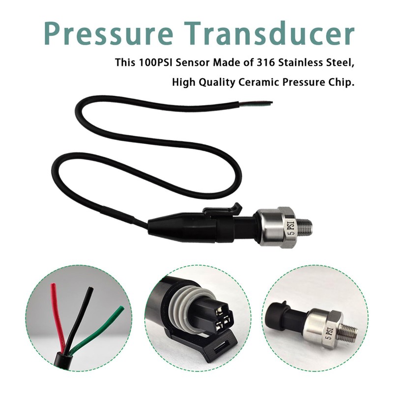 Pressure Transducer Sender Sensor with Connector, Stainless Steel 1/8”-27 NPT