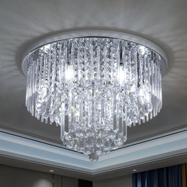 Litaddscen K9 Crystal Chandelier Flush Mount Ceiling Light,Modern Round Raindrop Crystal Chandeliers Light Fixtures Chrome Silver Lamp for Foyer Bedroom Living Dining Room Entryway,6-Light D22 x H13