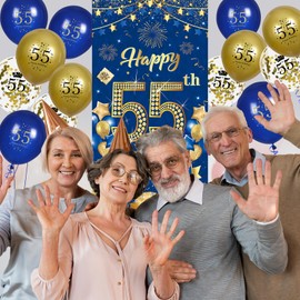 RUMIA 55th Birthday Party Decorations for Men Navy Blue Gold Happy Banner with 18pcs Balloons Door Cover Backdrop Women Anniversary Sign Porch Decor Supplies