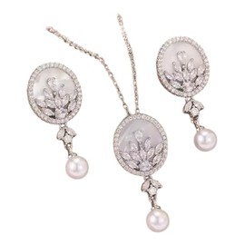 Crystal Pearl Jewellery Set, Oval Shell Pendant Necklace and Drop Earrings, 40-45cm Chain Length, Silver