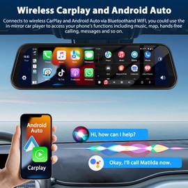 Motorsi 9.66" Carplay Mirror Dash Cam Rear View Mirror Camera Front and Rear Dual Cameras Support Android Auto Voice Control Night Vision Parking Assistance Monitoring 64G TF Card