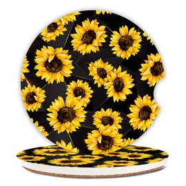 Sunflowers Absorbent Car Coasters 2 Pack for Cup Holders, 2.56" Ceramic Stone & Non-Scratch Cork Base Drink Coasters, Auto Accessories for Women & Men