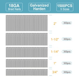 18 Gauge Brad Nails, 1500PCS Galvanized Nail Gun Nails for Pneumatic, Electric Brad Nail Gun, 5 Sizes (2inch,1-1/2 inch,1-1/4 inch,1 inch,3/4 inch) 18 GA Brad Nails