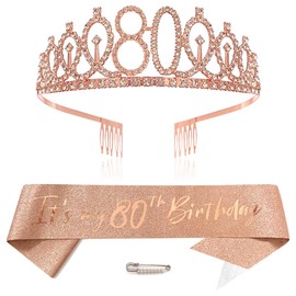 Rose Gold 80th Birthday Crown and Sash Girls 80th Birthday Decoration Rhinestone Birthday Tiara Princess Crown Queen Tiara Birthday Sash Girls 80th Birthday Decoration Party Clothing Accessories,