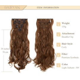 Gairyan 20inch Curly Auburn Hair Extensions Clip in Long Hair Extension 7PCS Full Head Synthetic Wavy Hairpiece for Women (Light Auburn)