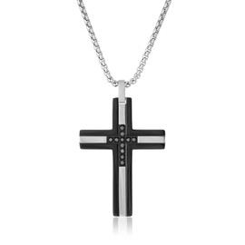0.165 Carat Black Diamond Cross Pendant Necklace in Stainless Steel with Black Ion Plating on Box Chain with Lobster Claw Clasp by Metro Jewelers