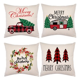 Pack of 4 Christmas Cushion Covers, Linen Decorative Cushion Covers, Merry Christmas Sofa Throw, Christmas Tree Snowman Pattern, Square Cushion Cover for Home Decoration, Bed, Sofa, Car, Christmas