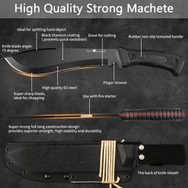 HX Outdoors Full Tang Machete Kukri with Multipurpose Sheath, Premium D2 Steel Bushcraft Knife with Non Slip Rubber Handle for Outdoor, Clearing Brush, Gardening (Black)