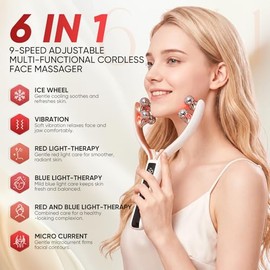 5 in 1 Face Massager, Face Roller Jaw & Tmj Massager for Lymphatic Drainage, Ice Roller for Face Sculpting Tool with Red Blue LED, EMS Import, Vibration, Heating for Home & Travel Use
