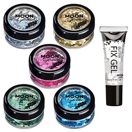 Chunky Holographic Glitter by Moon Glitter - Set of 5 colours + Fix Gel - Cosmetic Festival Makeup Glitter for Face, Body, Nails, Hair, Lips - 3g