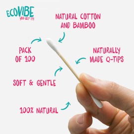 Ecovibe Plastic-Free Bamboo Cotton Buds - Eco-Friendly & Naturally Made Qtips - Sustainably Sourced, Vegan Friendly & Biodegradable - Includes 100x Cotton Buds
