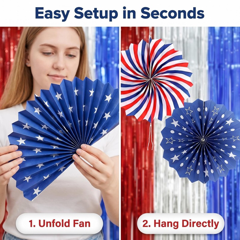 62PCS Patriotic Memorial Day Decorations Set,Red White Blue Paper Fans