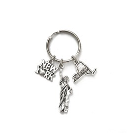 New York theme keychain. Includes Includes New York State, New York Sign with Apple, and Statue of Liberty.