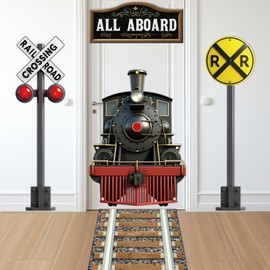 Train Party Decoration Train Theme Door Banner Backdrop Railroad Track Aisle Runner Traffic Crossing Sign Background Fabric for Winter Christmas Birthday School Classroom Home Xmas Holiday Supplies