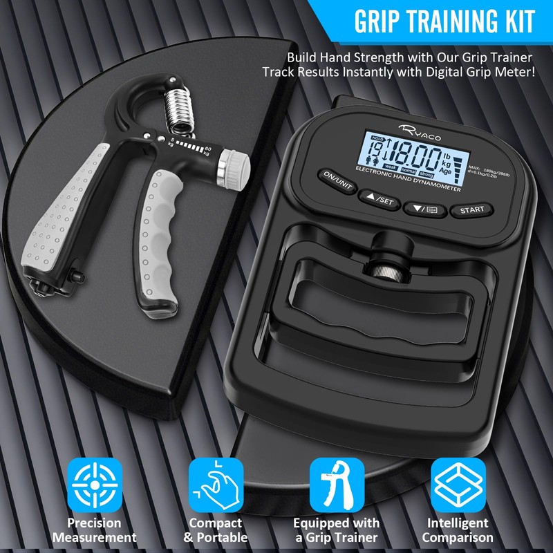 Ryaco Grip Strength Tester With Adjustable Hand Gripper, 396lbs/180kg Digital