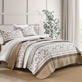 SOElinens Striped Quilt King Size - Brown Quilt Set with Matching Shams, Vintage Floral Design Farmhouse Bedding Bedspread, 3 Pieces 100% Cotton Lightweight Coverlet Home Decor for All Season