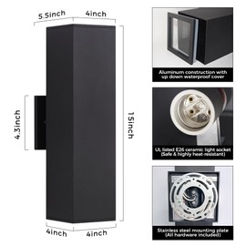 Cerdeco 2 Pack Aluminum Modern Outdoor Wall Light, 15" Exterior Up Down Light Fixtures,Black Front Door Wall Lighting with E26 Sockets [ETL Listed]