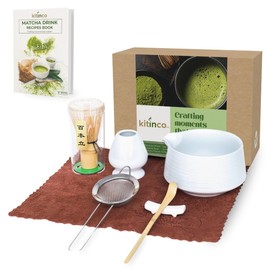 Kitinco Matcha Whisk Set with Matcha Drink Recipes Book – 7 Pcs Japanese Matcha Tea Set with Bamboo Whisk, Scoop, Sifter & Ceramic Bowl – Complete Matcha Kit for Tea Lovers