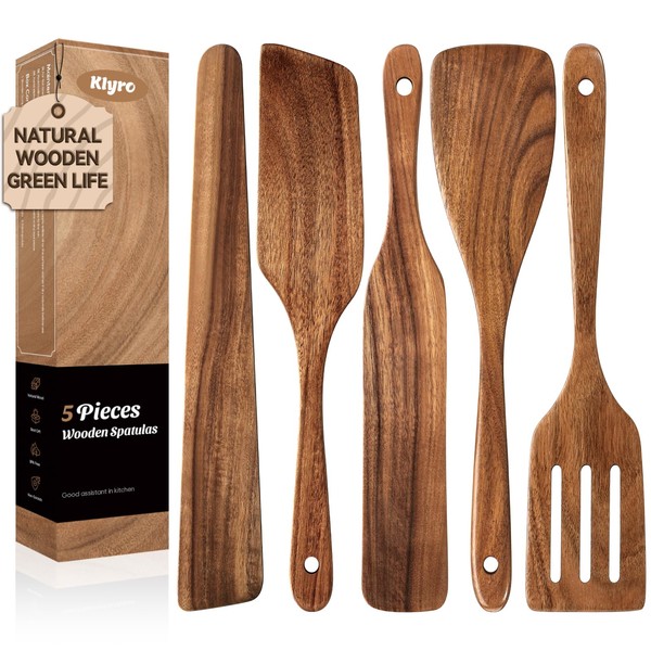 KLYRO 5 PCS Wooden Spatula Set, Natural Teak Wooden Spoons