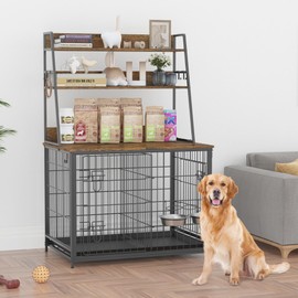 IDEALHOUSE Dog Crate Furniture,Flip-up Top Pet Crate Furniture,Indoor End Table Dog Cage with 3-Layer Storage Shelves,Dog Crates for Medium Dogs,Dog Kennel Furniture with Adjustable Bowls,Brown