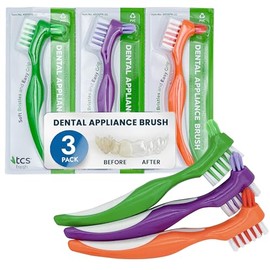 TCS Dental Appliance Cleaning Brush - Denture Brush for Adults, Soft Denture Cleaner Brush with Ergonomic Handle (Pack of 3)