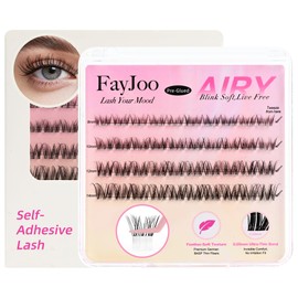 Fayjoo Wispy Natural Self Adhesive Eyelashes DIY Lash Clusters with Clear Band Pre Glued Eyelashes Waterproof 8-16mm C-Curl Individual Lashes for Beginners (Airy, Glueless)