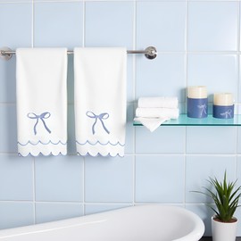 Xkdamai 2 Pcs Scalloped Hand Towels for Bathroom 100% Cotton 16x28 Inch Scallop Bathroom Towels Embroidered Dish Towel Decorative Soft Bath Towel for Kitchen (Bow Blue, 2*Hand Towel)