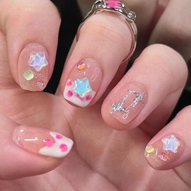 Hkanlre Short Press on Nails 3D Fake Nails Tips Full Cover Cute False Nails for Women and Girls 24PCS