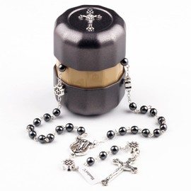 HanlinCC St.Michael Catholic Rosary Necklace Hematite Stone Beads with Metal Cross Glory Beads for Men and Women in Metal Box