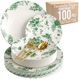 Trendables Fancy Plastic Dinnerware Sets 100 Pc Set 20 Guests Gold Silverware Disposable 20 X 10 Inch Charger Plates 20 X 8 Inch Dessert Plates 20 x Gold Plastic Forks and Spoons Knives In Verdure