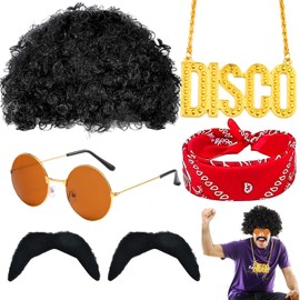 Cheloveer 7 Pieces Hippie Costume Men's 70 80s Outfit Men's Disco Wig Men's Hippie Wig Glasses False Moustache Necklace Headband 70 80s Clothing Carnival Costume Men