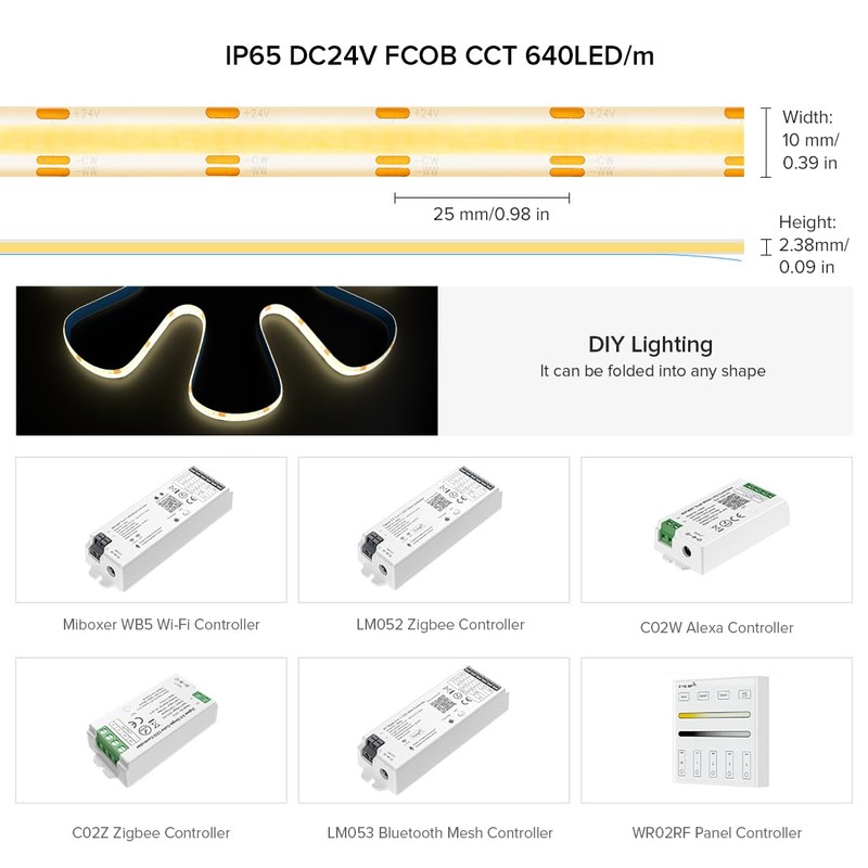 BTF-LIGHTING FCOB COB LED Strip CCT IP65 Flexible High Density