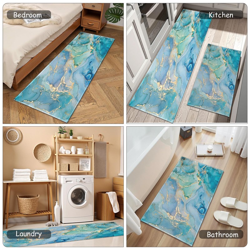 Teal Kitchen Rugs Sets of 2 Non Slip Blue Gold