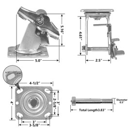 LONGRUNFORU 5" X 2" Swivel Caster Yoke W Brake Lock, Zinc Plated Steel Bracket and 4" X 4 1/2"Plate, Heavy Duty Caster Fork- Capacity Up to 1000 LBS Replacement（4 Brake）