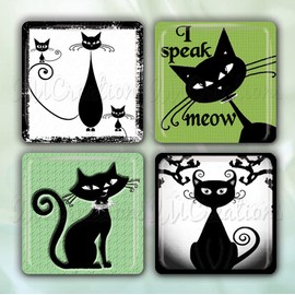 Elegant Black Cat Lovers Collection Handmade Square Glass Tile Magnets 30mm (1.18") - Set of 4