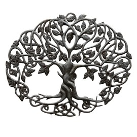 Celtic Trinity Knot Inspired Wall Hanging Tree of Life, Unique Metal Home Decor 17 x 23 Inches Oval, Steel Drum Art