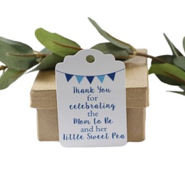 Baby Shower Thank You Tags - Thank You for Celebrating The Mom to Be and Her Little Sweet Pea (Set of 12) (Blue)