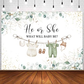 InMemory Greenery Gender Reveal Backdrop He or She What Will Baby Be Boy or Girl Clothes Neutral Party Decorations Banner Green Eucalyptus Leaves Tablecloth Photo Background 7x5ft
