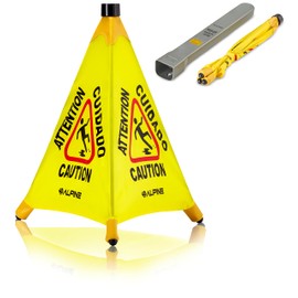 Alpine Caution Wet Floor Sign - Pop Up Slippery When Wet Sign, Wall Mounted Foldable Bilingual Yellow Safety Warning Caution Cone For Commercial & Office Use (20 Inches)
