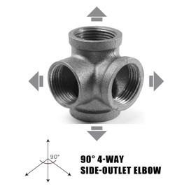 AGUTEA Right Angle Black Malleable Iron Tee Fitting 4-Way Side Exit Elbow Connector (1-Pack) (3/4 INCH)