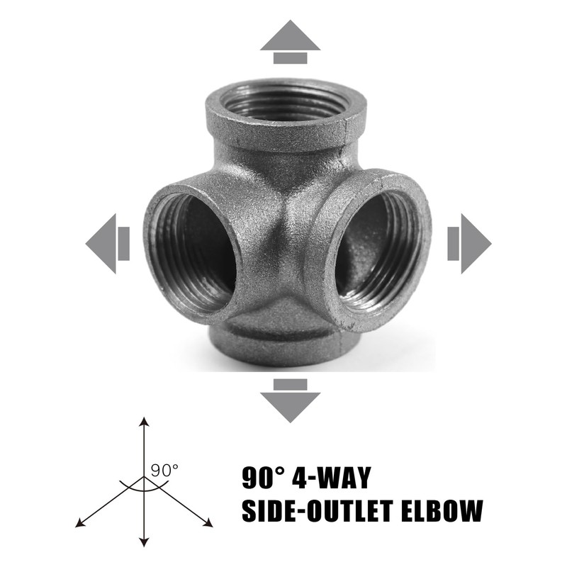 AGUTEA Right Angle Black Malleable Iron Tee Fitting 4-Way Side