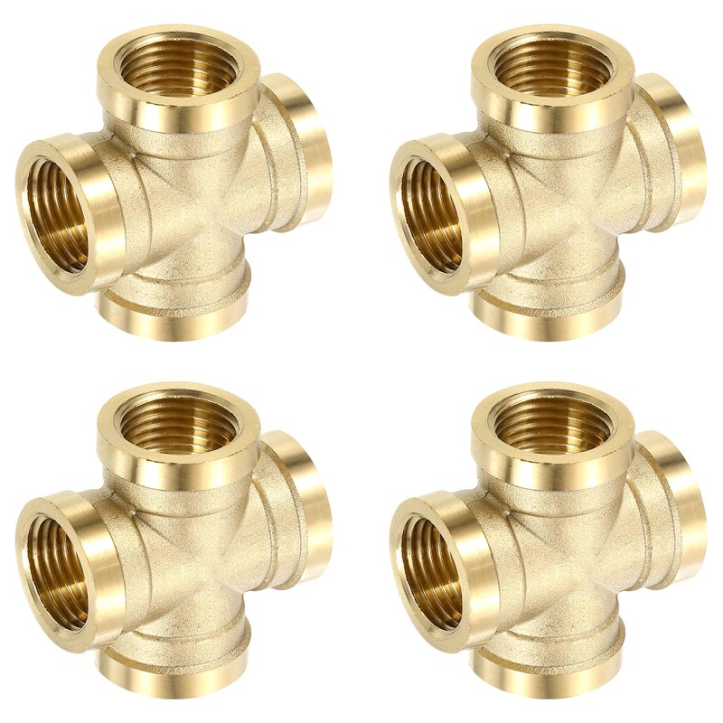 uxcell 4Pcs Brass Cross Pipe Fitting, BSPP G1/2 Female Barstock