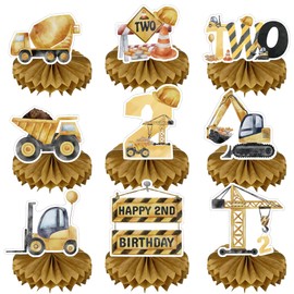 OIODDYY Digger Birthday Decoration 2 Years – 9 Pieces Construction Site Birthday Honeycomb Centre Piece Tractor Vehicle Table Decoration Honeycomb for Birthday Decoration 2 Years Boy