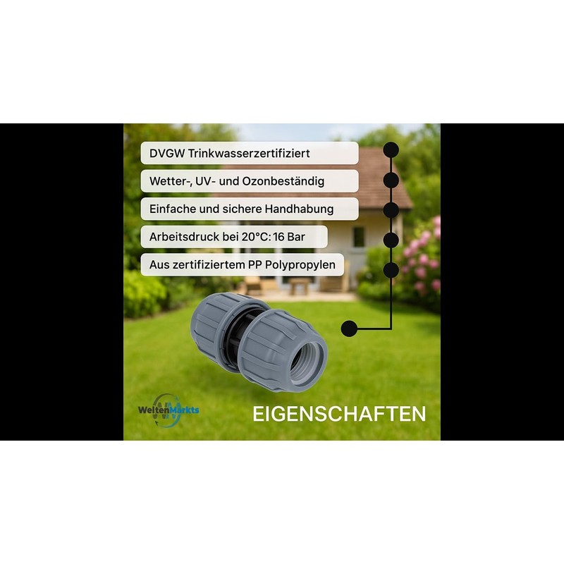 WeltenMarkt PP Pipe Coupling 25mm Compression x Compression DVGW/KIWA/WRAS/SVGW Certified,