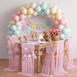 Pink Bow Tulle Table Runner Glitter Metallic Foil Fabric 29 x 120 Inch