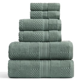Springtree Home 100% Cotton Bathroom Towel Set | 6 Piece Set - Green Bath Towels | Geometric Textured Design | Absorbent & Quick-Dry | Oeko-TEX® Standard 100 Cotton | Myla Collection - Lily Pad Green