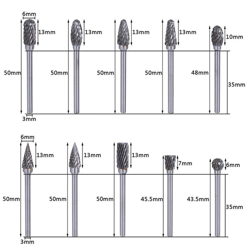 Double Cut Carbide Rotary Burr Set - 10 Pcs 1/8"